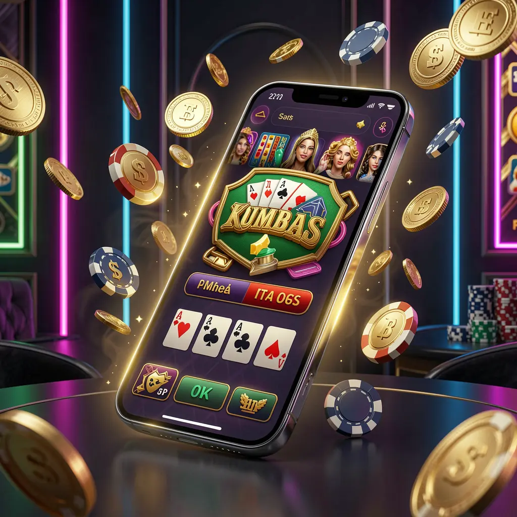 CC GG online casino mobile app hero banner showing a modern smartphone with a glowing casino interface, golden coins and poker chips flying around against a dark luxury background with neon accents