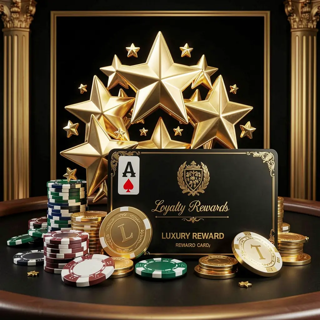 CC GG loyalty rewards casino image featuring golden stars, poker chips, coins, and a luxury reward card against an elegant black and gold background in a realistic 3D render