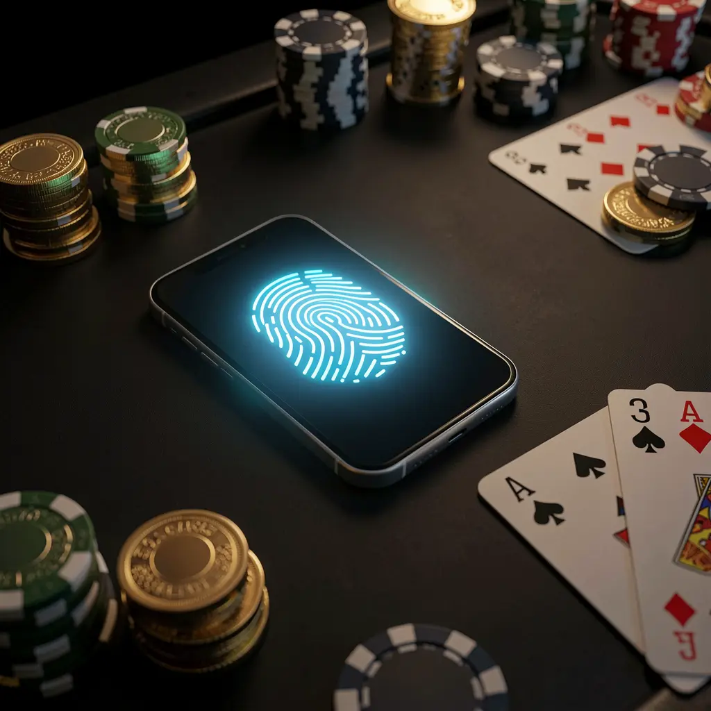 CC GG online casino authentication concept showing a phone with a glowing fingerprint scan on a premium black table surrounded by poker chips, golden coins, and playing cards in a cinematic 3D render