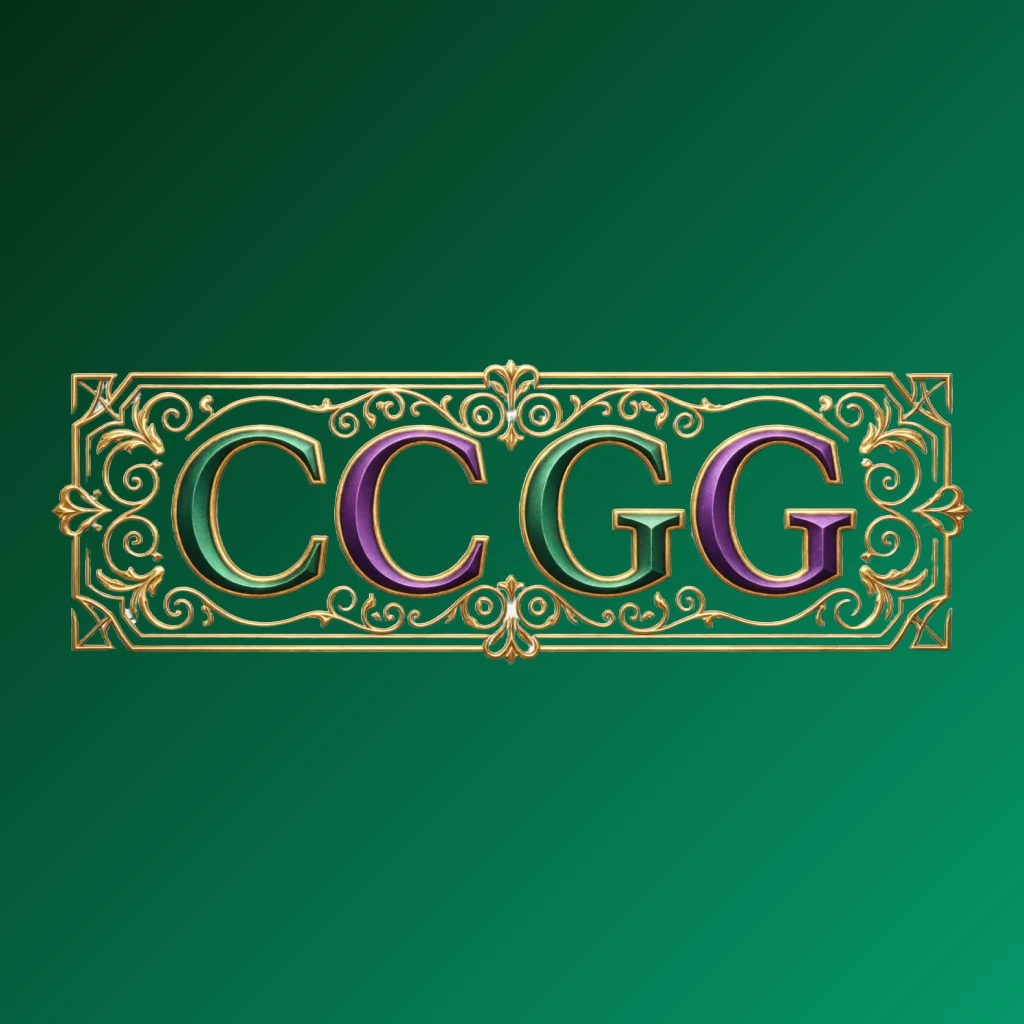 Luxury colorful horizontal rectangular wordmark logo for CC GG featuring bold serif typography in rich emerald, violet, and gold palette with elegant glowing ornaments on a transparent background