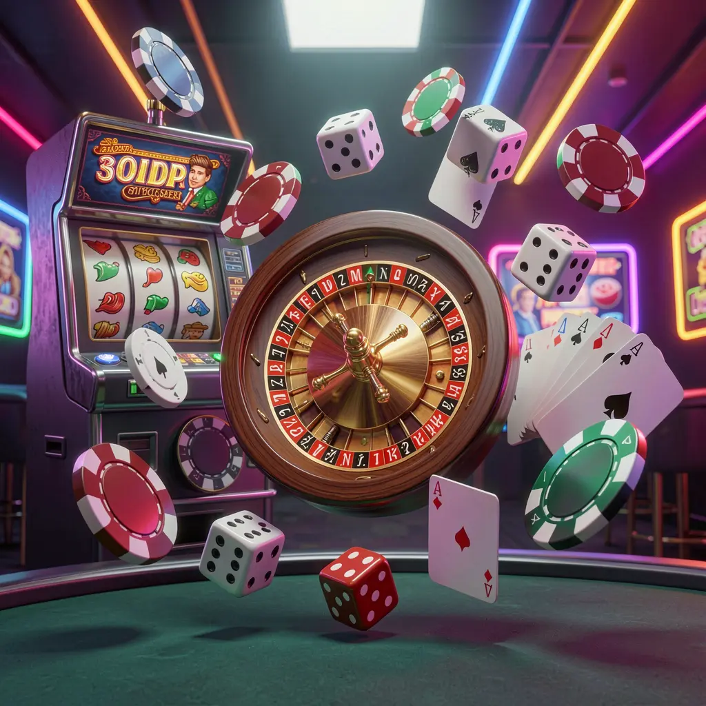CC GG casino games collection homepage visual featuring a slot machine, roulette wheel, dice, playing cards, and poker chips floating together with colorful neon lights in a premium 3D render